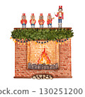 A brick fireplace with a burning fire, decorated with a green garland, bears and a nutcracker soldier. Watercolor illustration for Christmas cards, posters, children books, holiday decor and festive. 130251200