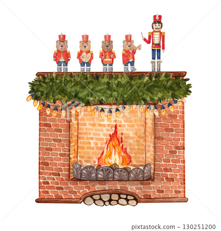 A brick fireplace with a burning fire, decorated with a green garland, bears and a nutcracker soldier. Watercolor illustration for Christmas cards, posters, children books, holiday decor and festive. A brick fireplace with a burning fire, decorated with a green garland, bears and a nutcracker soldier. Watercolor illustration for Christmas cards, posters, children books, holiday decor and festive. 130251200