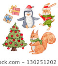 Set of Christmas elements with penguin in red hat, rabbit in scarf, squirrel, decorated tree and gift boxes. Watercolor illustration. Suitable for postcards, stickers, posters and festive design. 130251202
