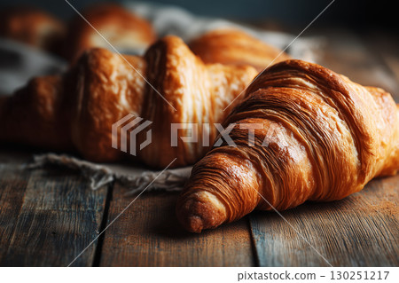 Freshly baked croissants on a rustic wooden table, captured in warm brown tones. 130251217