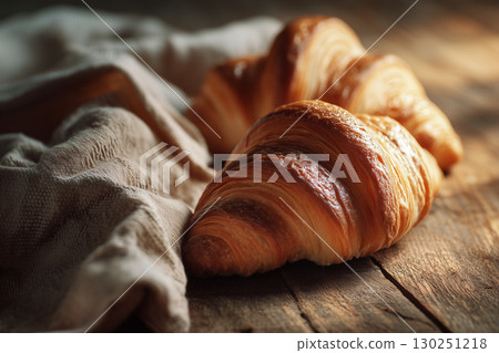 Freshly baked croissants on a rustic wooden table, captured in warm brown tones.  130251218