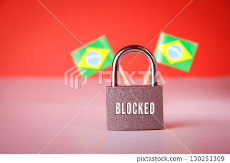 Closed padlock with the inscription lock on background of the flag of Brazil. 130251309