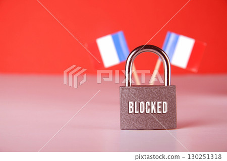 Closed padlock with the inscription lock on background of the flag of France. Closed padlock with the inscription lock on background of the flag of France. 130251318
