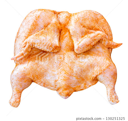 flattened raw chicken with spices for cooking tobacco chicken, isolated on white background with clipping path flattened raw chicken with spices for cooking tobacco chicken, isolated on white background with clipping path 130251325