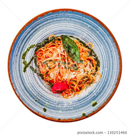 pasta with tomato sauce and parmesan, top view, isolated on white background with clipping path pasta with tomato sauce and parmesan, top view, isolated on white background with clipping path 130251468