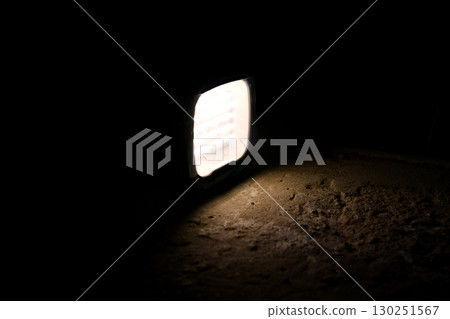 flashlight and light beam in dark mist room at night . abstract projector spotlight white lay 130251567