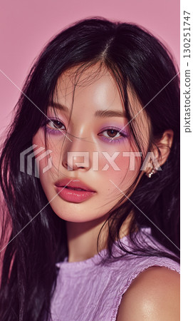 Portrait of a korean woman with soft makeup against a pink background during a beauty photoshoot 130251747