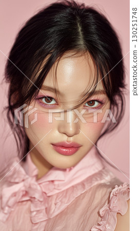 Elegant portrait of a young Asian woman showcasing soft makeup and delicate features against a pastel background 130251748