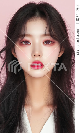 Young Korean woman with striking makeup against a soft pink background showcasing a creative beauty look 130251762