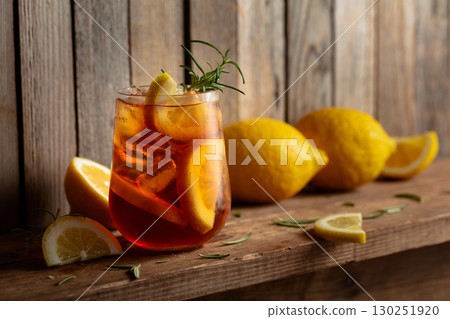 Iced tea or alcoholic cocktail with ice, rosemary and lemon slices on a old wooden table. Iced tea or alcoholic cocktail with ice, rosemary and lemon slices on a old wooden table. 130251920