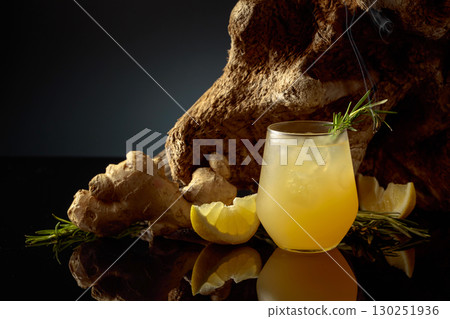 Homemade lemon and ginger organic drink. 130251936