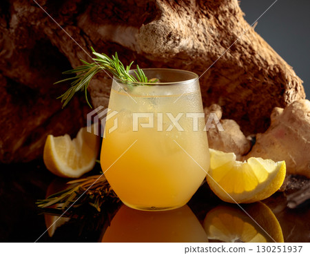 Homemade lemon and ginger organic drink. 130251937