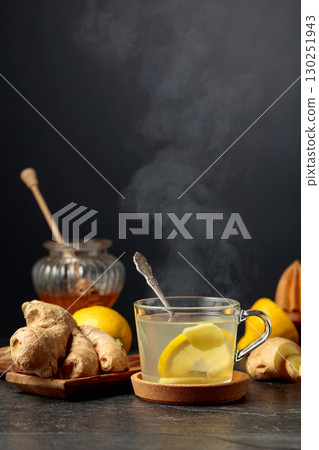 Ginger tea with lemon and honey. Ginger tea with lemon and honey. 130251943