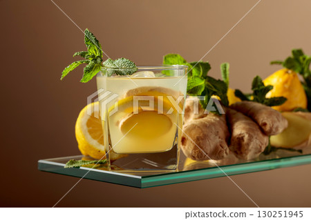 Ginger cocktail with lemon and mint in a frozen glass. 130251945