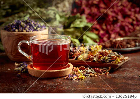 Herbal tea and a mix of various dried medicinal herbs. Herbal tea and a mix of various dried medicinal herbs. 130251946
