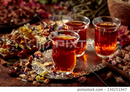 Herbal tea and various dried medicinal plants and herbs. 130251947