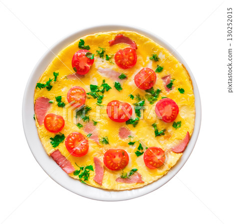 ham and tomato omelet isolated on white background with clipping path 130252015