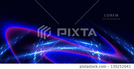 Futuristic glowing blue and pink curve ray with square pattern on dark blue background. 130252041