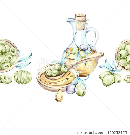 Olives and olive oil seamless pattern arrangement with frames and borders highlighting Italian cuisine and natures beauty Olives and olive oil seamless pattern arrangement with frames and borders highlighting Italian cuisine and natures beauty 130252155