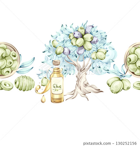 Olives and olive oil an olive tree seamless pattern with frame and border inspired by Italian cuisine and nature. The vibrant green and purple hues highlight the natural beauty of olives. 130252156