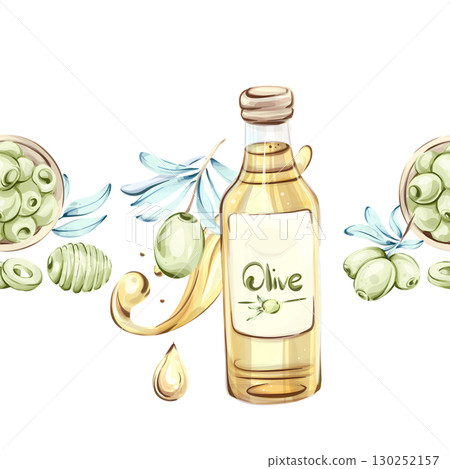 Illustration of olives and olive oil in watercolor style showcasing the essence of Italian cuisine and nature frame, border, arrangement, seamless pattern 130252157