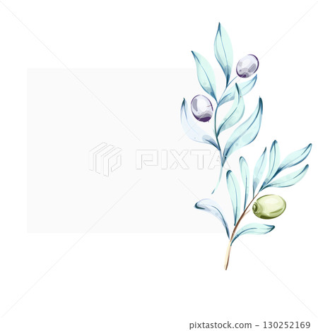Olives and olive oil illustrated in watercolor celebrating Italian cuisine and nature's beauty frame, border, arrangement 130252169