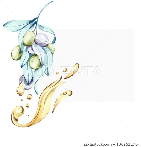 Olives and olive oil captured in a vibrant watercolor illustration celebrating Italian cuisine and nature's bounty frame, border, arrangement 130252170