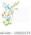Delicate watercolor illustration of olives and olive oil showcasing Italian culinary beauty and nature's bounty frame, border, arrangement 130252173