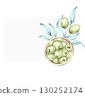 Olives and olive oil illustrated in watercolor celebrating the essence of Italian cuisine and nature frame, border, arrangement 130252174