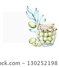 Illustration of olives in a jar with olive leaves in a watercolor style inspired by Italian cuisine and nature frame, border, arrangement 130252198
