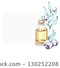 Delicate watercolor illustration of olives and olive oil celebrating Italian cuisine and natural beauty frame, border, arrangement 130252208
