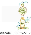 Olives and olive oil illustrated in a watercolor style celebrating Italian cuisine and nature frame, border, arrangement 130252209