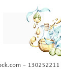 Olives and olive oil illustrated with watercolor technique showcasing the beauty of Italian cuisine frame, border, arrangement 130252211