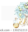 Exploring the beauty of olives and olive oil through watercolor illustrations showcasing nature and Italian cooking frame, border, arrangement 130252213