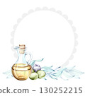 Exploring the beauty of olives and olive oil in a watercolor illustration highlighting Italian culinary delights frame, border, arrangement 130252215
