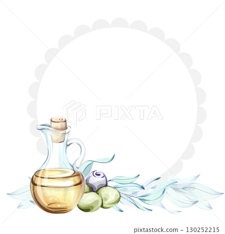 Exploring the beauty of olives and olive oil in a watercolor illustration highlighting Italian culinary delights frame, border, arrangement Exploring the beauty of olives and olive oil in a watercolor illustration highlighting Italian culinary delights frame, border, arrangement 130252215