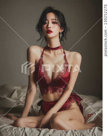 Elegant Korean model in crimson lingerie poses gracefully on a bed in a softly lit room 130252278