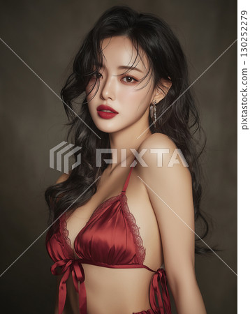 Elegant portrait of a Korean model wearing a luxurious red ensemble while posing confidently indoors 130252279