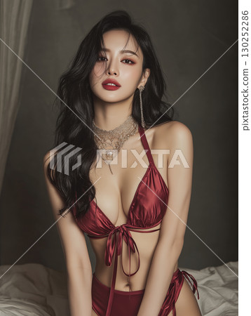 Korean woman in elegant red swimwear poses gracefully in a soft-lit studio setting during an indoor photoshoot 130252286