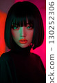 Striking portrait of a korean model with bold makeup and vibrant lighting in a contemporary art setting 130252306