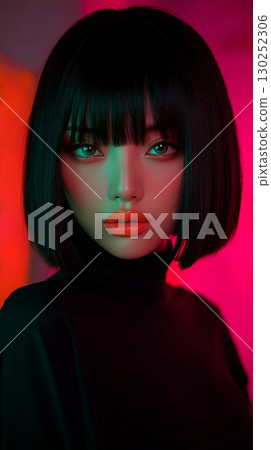 Striking portrait of a korean model with bold makeup and vibrant lighting in a contemporary art setting 130252306