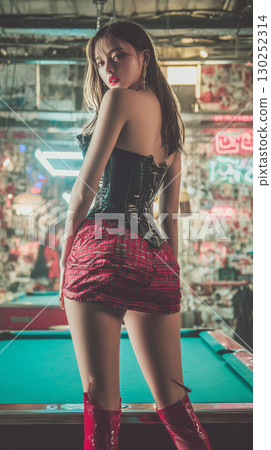 Korean woman posing in a bar with a stylish outfit, showcasing confidence and attitude during an evening out with friends 130252314