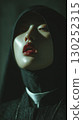 Dark and moody portrait of a figure in traditional attire with a striking expression in a low-lit environment 130252315