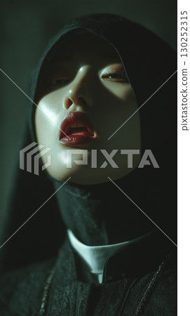 Dark and moody portrait of a figure in traditional attire with a striking expression in a low-lit environment 130252315