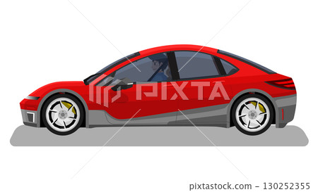 Concept vector illustration of detailed side of a flat soft red sedan car. with shadow of car on reflected from the ground below. can view interior of car with driver man. 130252355