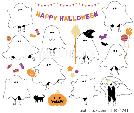 Illustration set of a boy dressed as a ghost Illustration set of a boy dressed as a ghost 130252413
