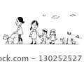 Rough line drawings of people walking, children, dogs, cats, and other animals 130252527