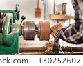 Carpentry. Turnery of a wooden bowl with spiral sawdust shavings with hand and chisel 130252607