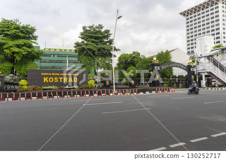 Jakarta, Indonesia - Mar 28,2024 : Street view in front of Mabes Kostrad, Indonesian military base in Central Jakarta, Indonesia on Mar 28,2024. Jakarta, Indonesia - Mar 28,2024 : Street view in front of Mabes Kostrad, Indonesian military base in Central Jakarta, Indonesia on Mar 28,2024. 130252717