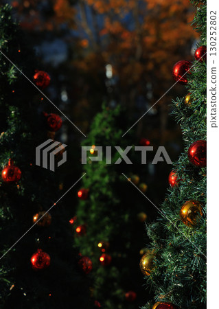 Light reflecting off three Christmas trees and ornaments decorated for the December event 130252802